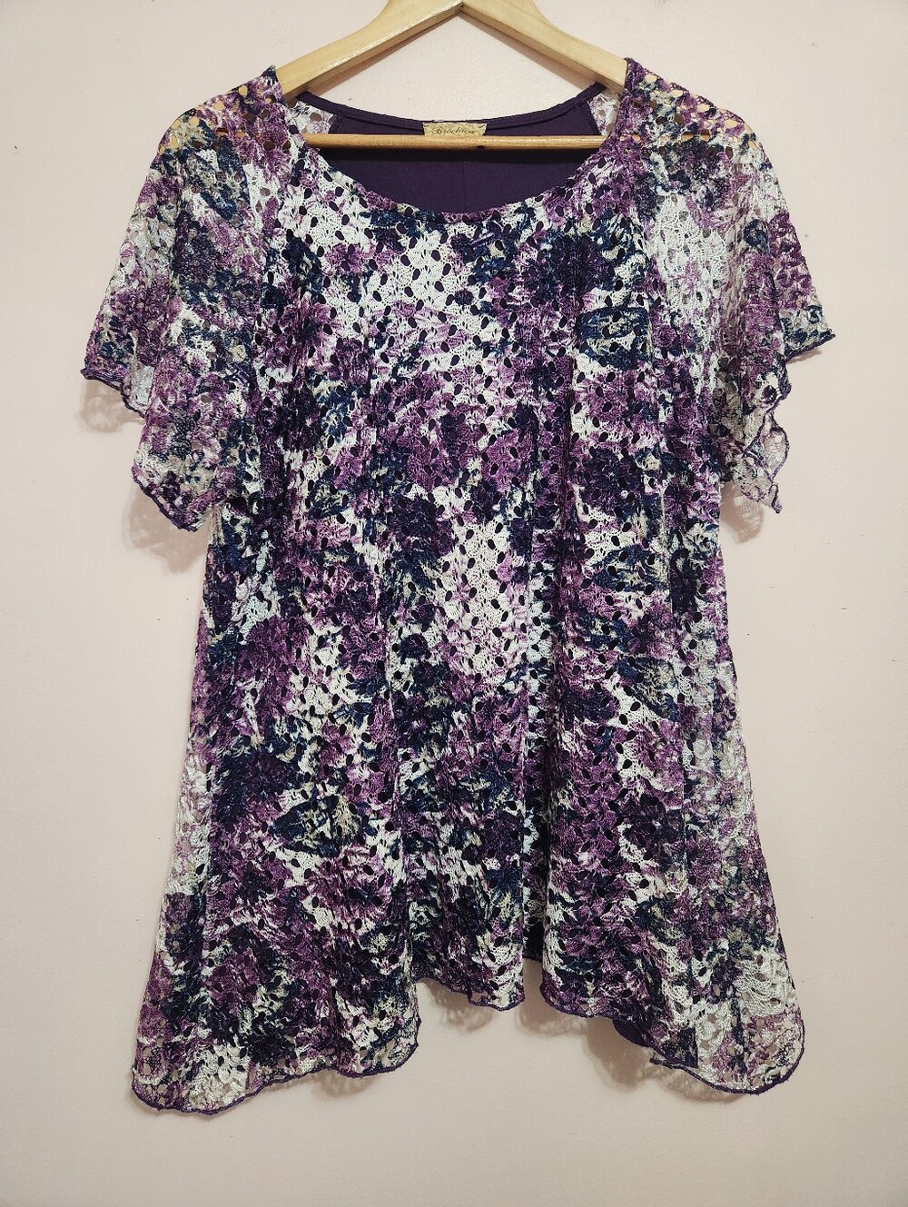Brochure Y2K Whimsigoth Purple Floral Lace Layered Tunic Top Asymmetrical